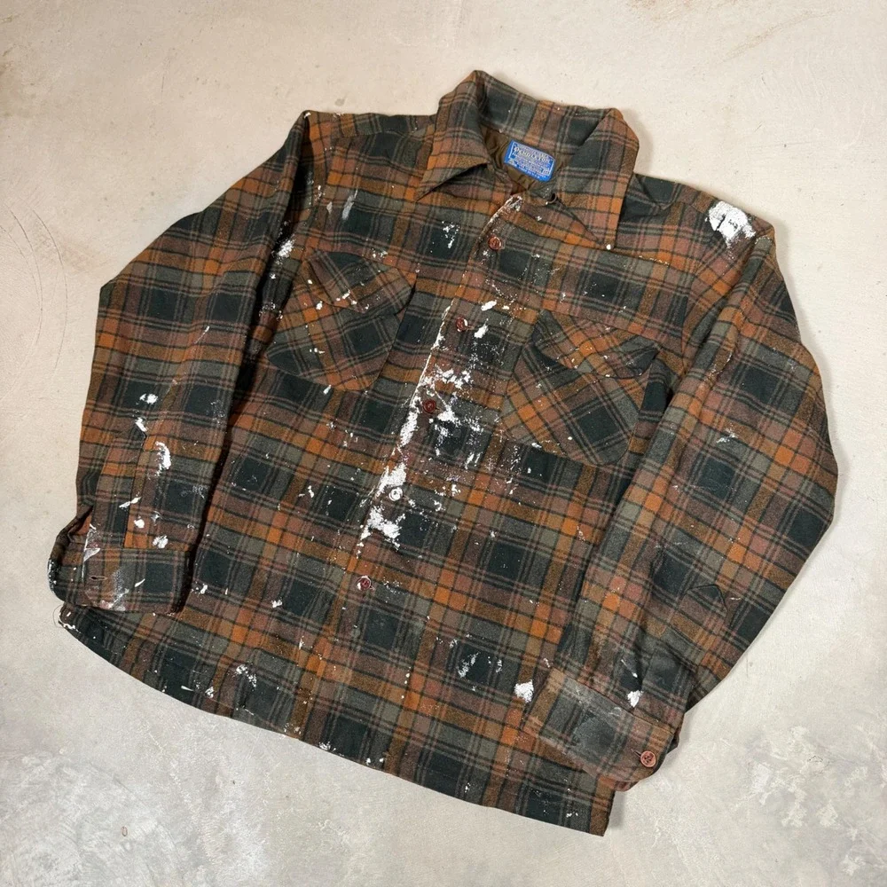 Vintage Pendleton Wool Board Shirt Mens M Brown shadow Plaid Paint Splatter 70s